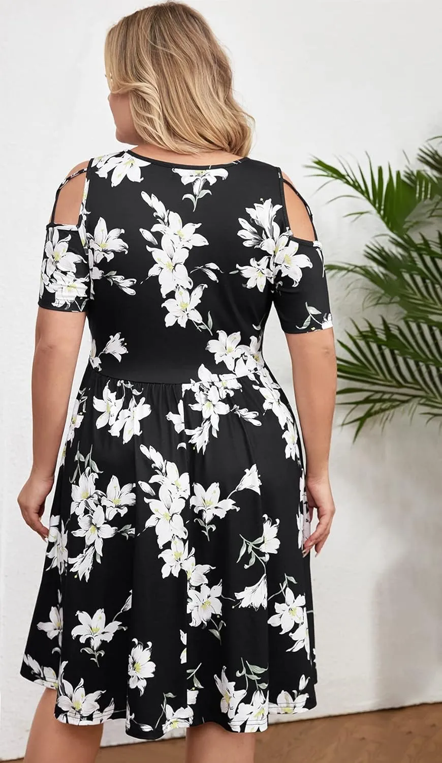 BEDOAR Women's Plus Size Summer Dresses Short Sleeve Cold Shoulder Casual A-line Swing Midi Dresses with Pockets