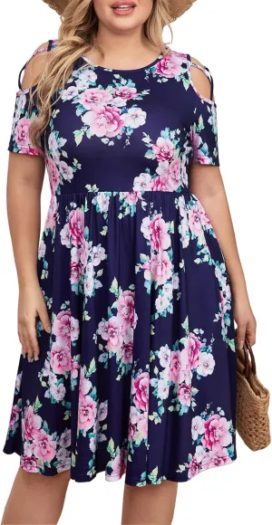 BEDOAR Women's Plus Size Summer Dresses Short Sleeve Cold Shoulder Casual A-line Swing Midi Dresses with Pockets