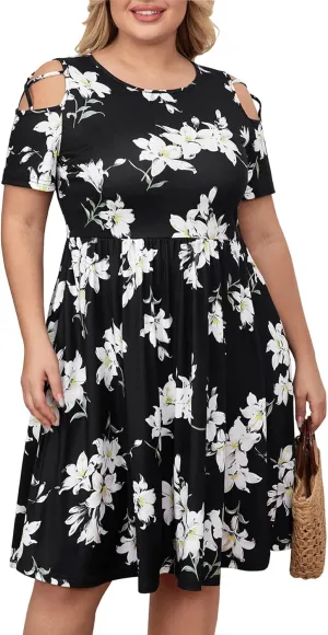 BEDOAR Women's Plus Size Summer Dresses Short Sleeve Cold Shoulder Casual A-line Swing Midi Dresses with Pockets
