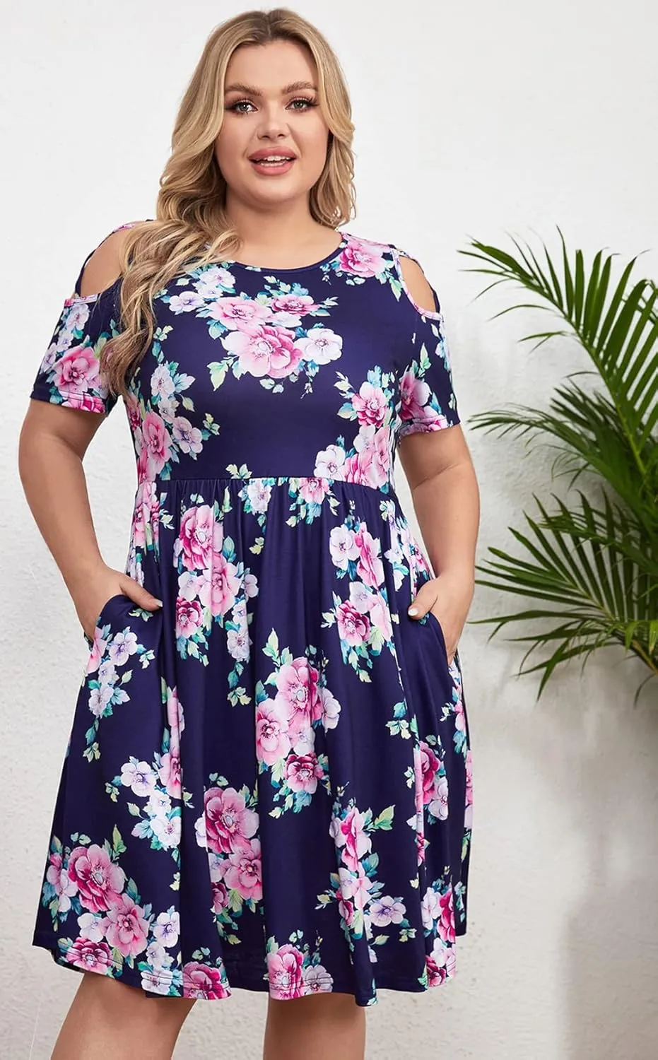 BEDOAR Women's Plus Size Summer Dresses Short Sleeve Cold Shoulder Casual A-line Swing Midi Dresses with Pockets