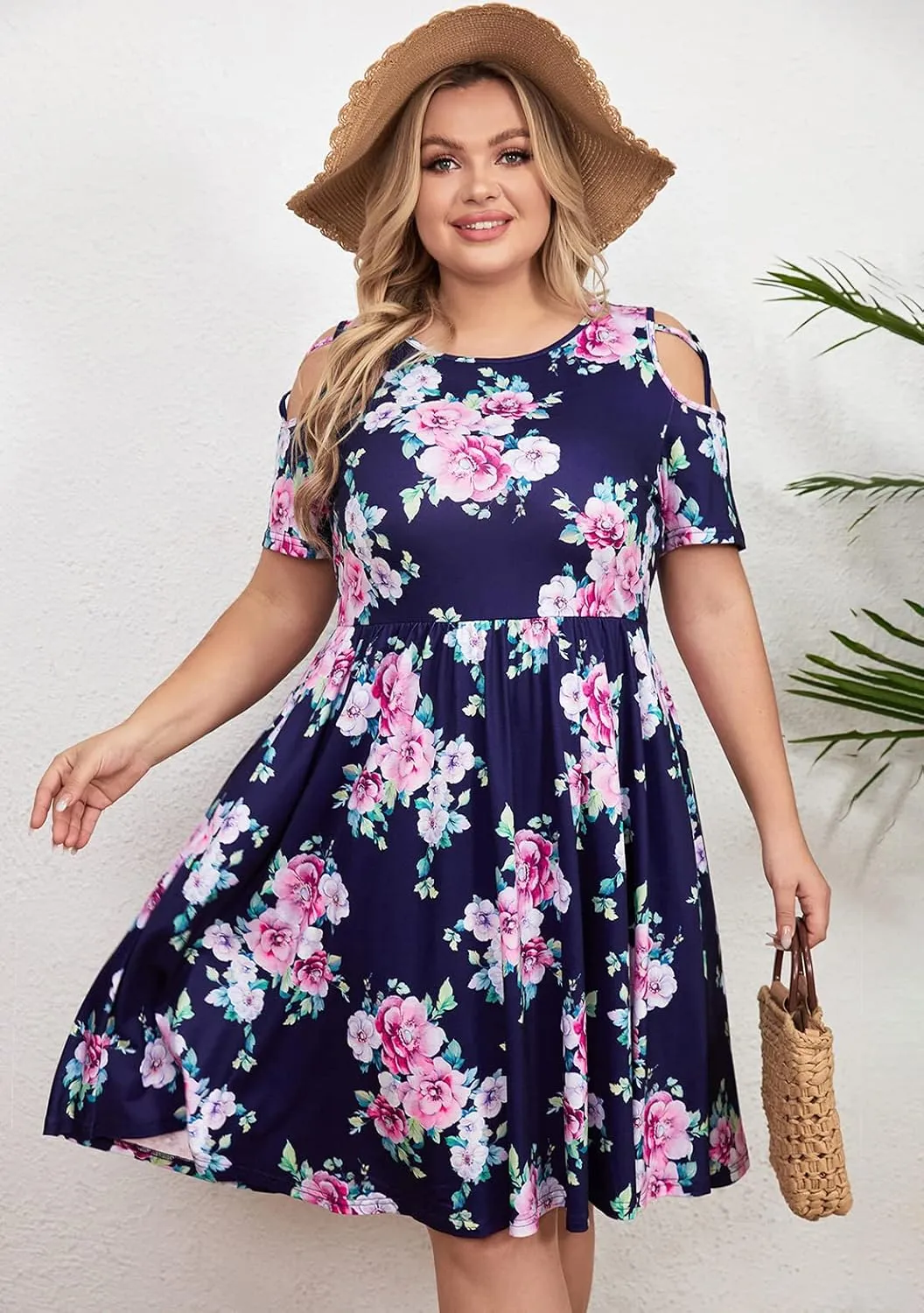 BEDOAR Women's Plus Size Summer Dresses Short Sleeve Cold Shoulder Casual A-line Swing Midi Dresses with Pockets