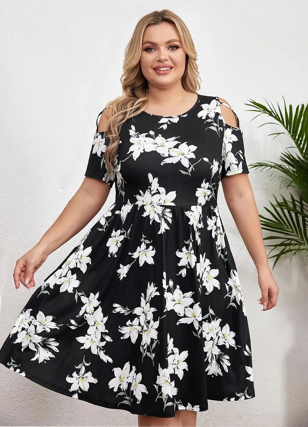 BEDOAR Women's Plus Size Summer Dresses Short Sleeve Cold Shoulder Casual A-line Swing Midi Dresses with Pockets