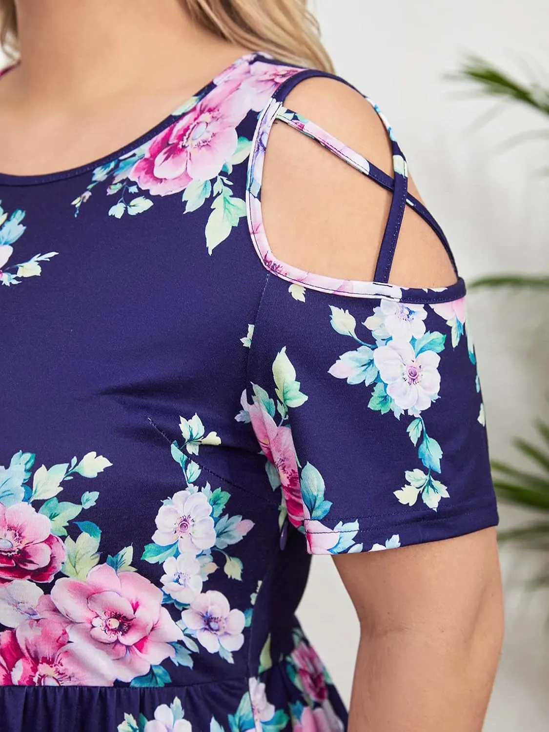 BEDOAR Women's Plus Size Summer Dresses Short Sleeve Cold Shoulder Casual A-line Swing Midi Dresses with Pockets