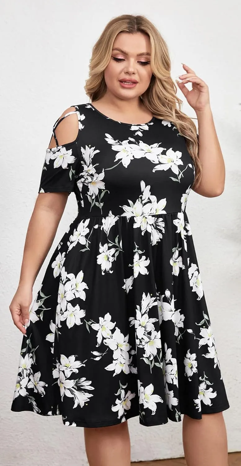 BEDOAR Women's Plus Size Summer Dresses Short Sleeve Cold Shoulder Casual A-line Swing Midi Dresses with Pockets