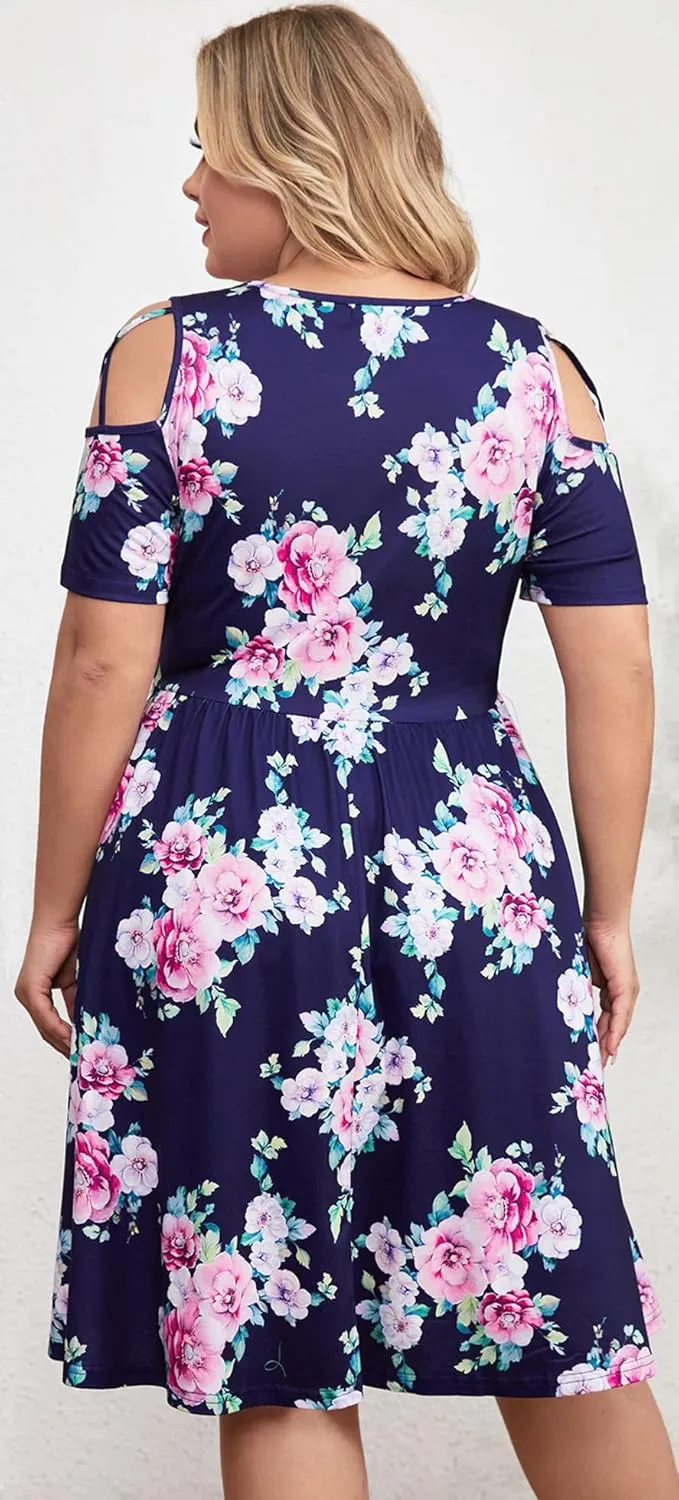 BEDOAR Women's Plus Size Summer Dresses Short Sleeve Cold Shoulder Casual A-line Swing Midi Dresses with Pockets