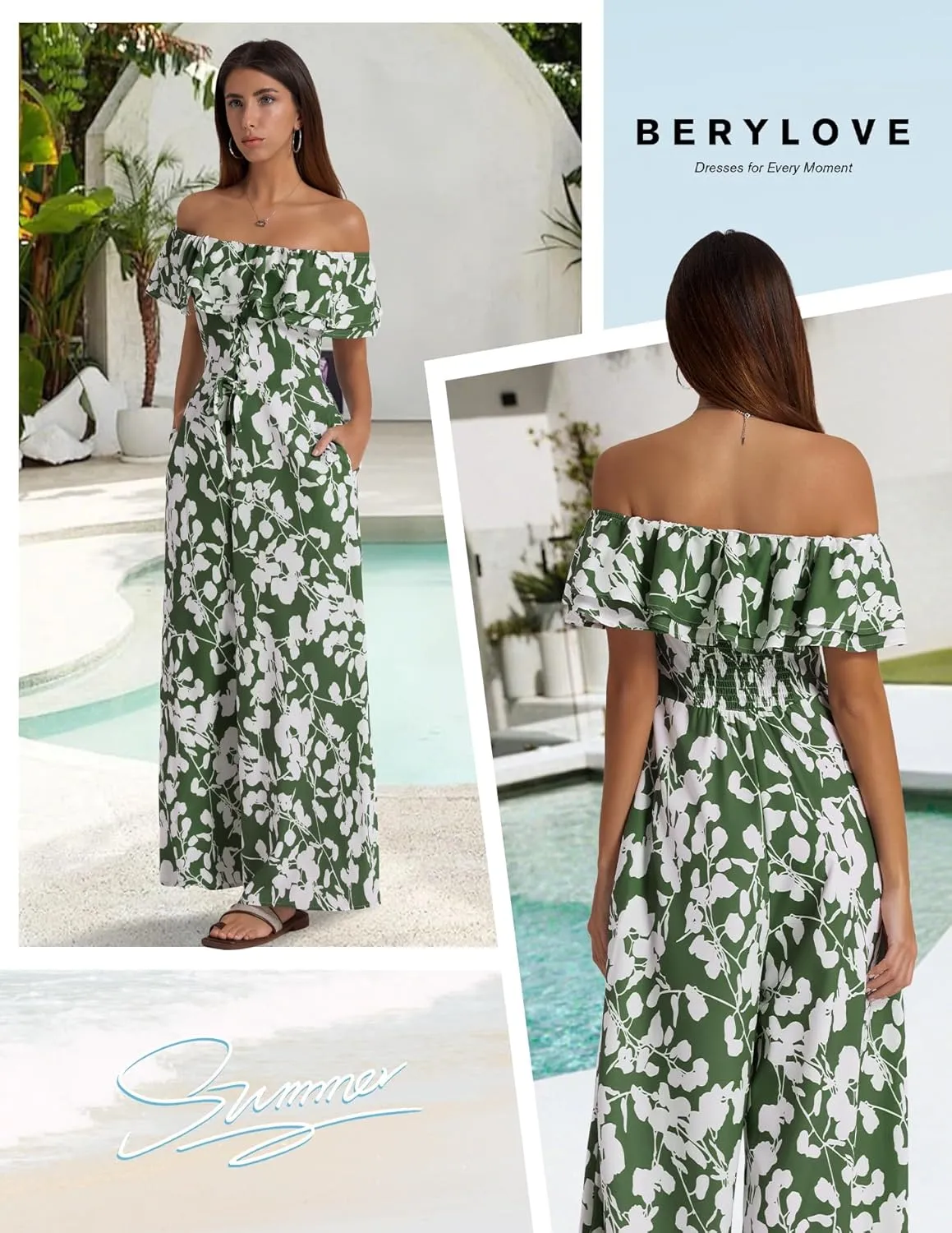 BeryLove Women Floral Casual Jumpsuit Summer Off The Shoulder Wide Leg Vacation Beach Jumpsuits with Pockets