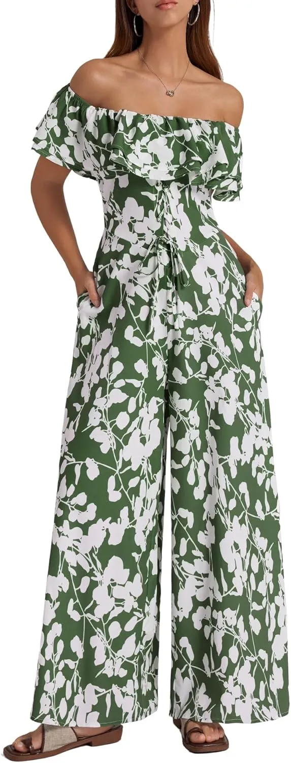 BeryLove Women Floral Casual Jumpsuit Summer Off The Shoulder Wide Leg Vacation Beach Jumpsuits with Pockets