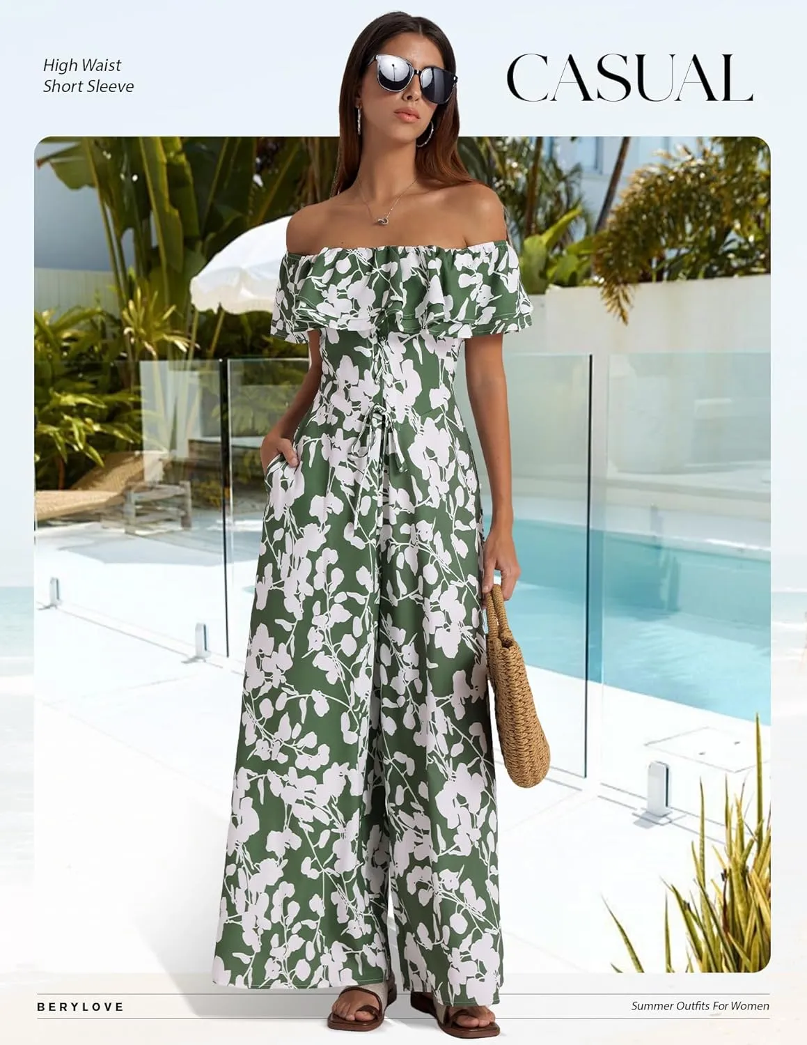 BeryLove Women Floral Casual Jumpsuit Summer Off The Shoulder Wide Leg Vacation Beach Jumpsuits with Pockets
