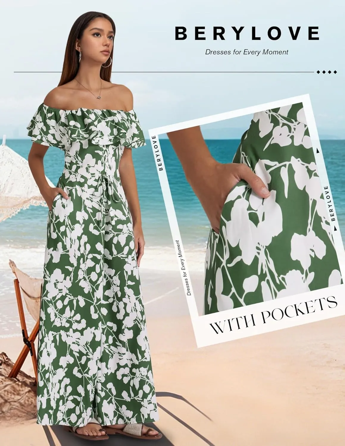 BeryLove Women Floral Casual Jumpsuit Summer Off The Shoulder Wide Leg Vacation Beach Jumpsuits with Pockets