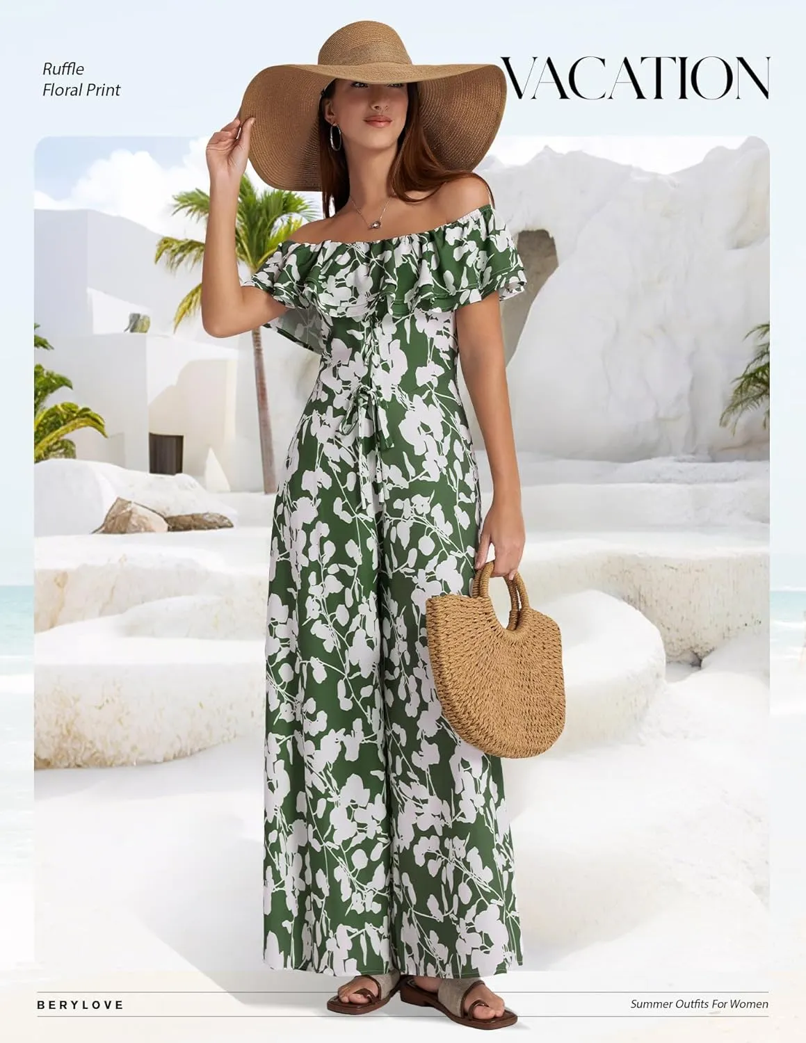 BeryLove Women Floral Casual Jumpsuit Summer Off The Shoulder Wide Leg Vacation Beach Jumpsuits with Pockets