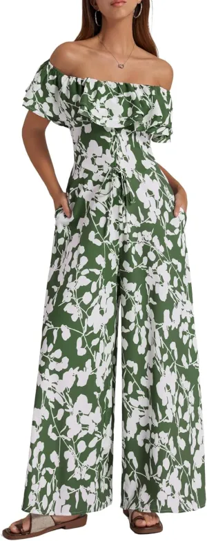 BeryLove Women Floral Casual Jumpsuit Summer Off The Shoulder Wide Leg Vacation Beach Jumpsuits with Pockets