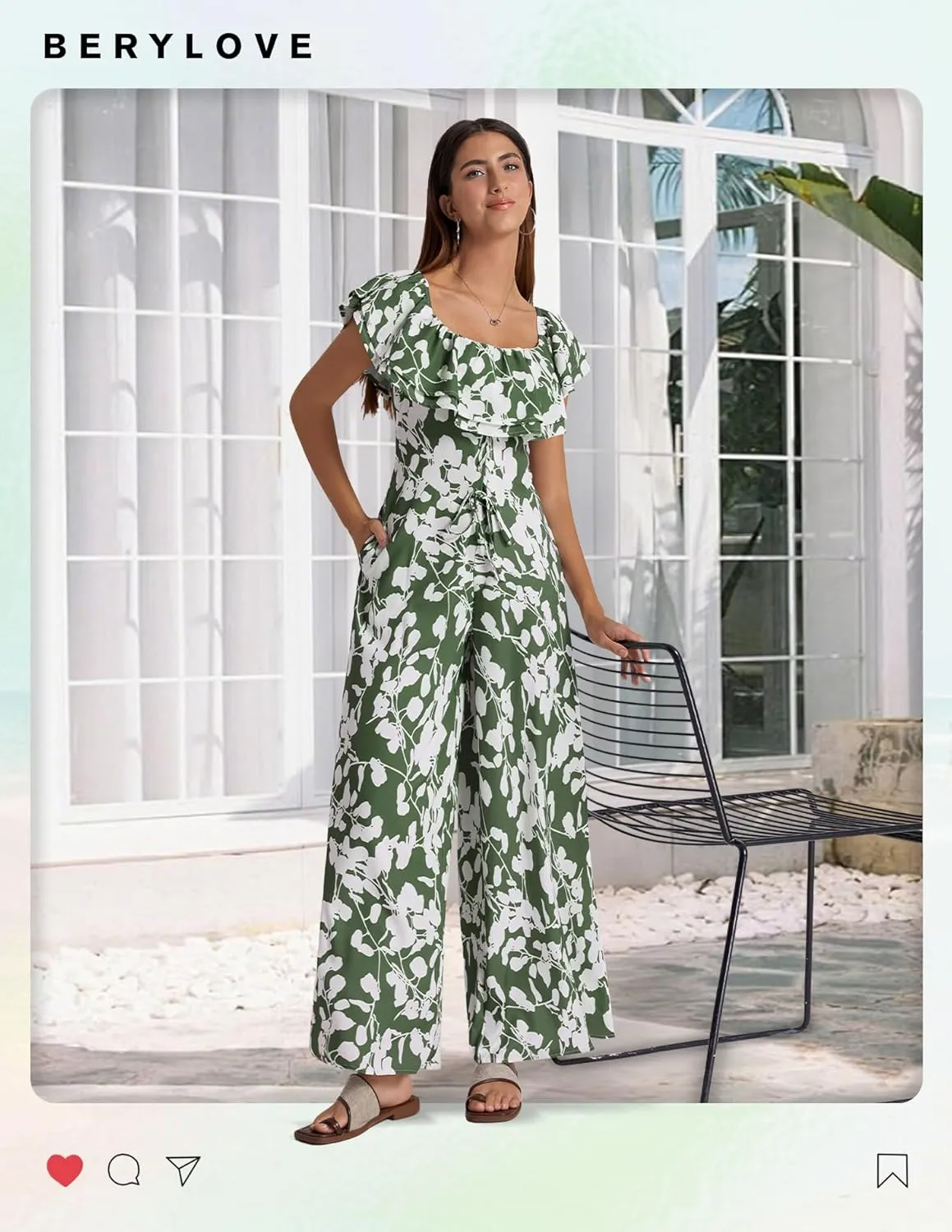 BeryLove Women Floral Casual Jumpsuit Summer Off The Shoulder Wide Leg Vacation Beach Jumpsuits with Pockets