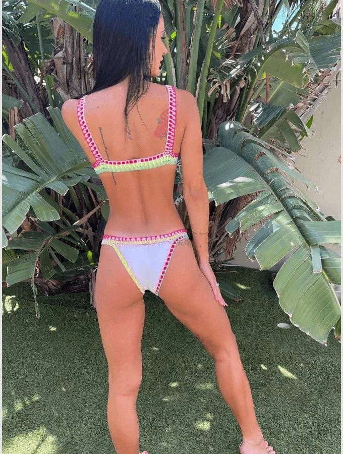 BOHO TROPICAL CROCHET BIKINI - WHITE & MULTICOLOUR TRIM