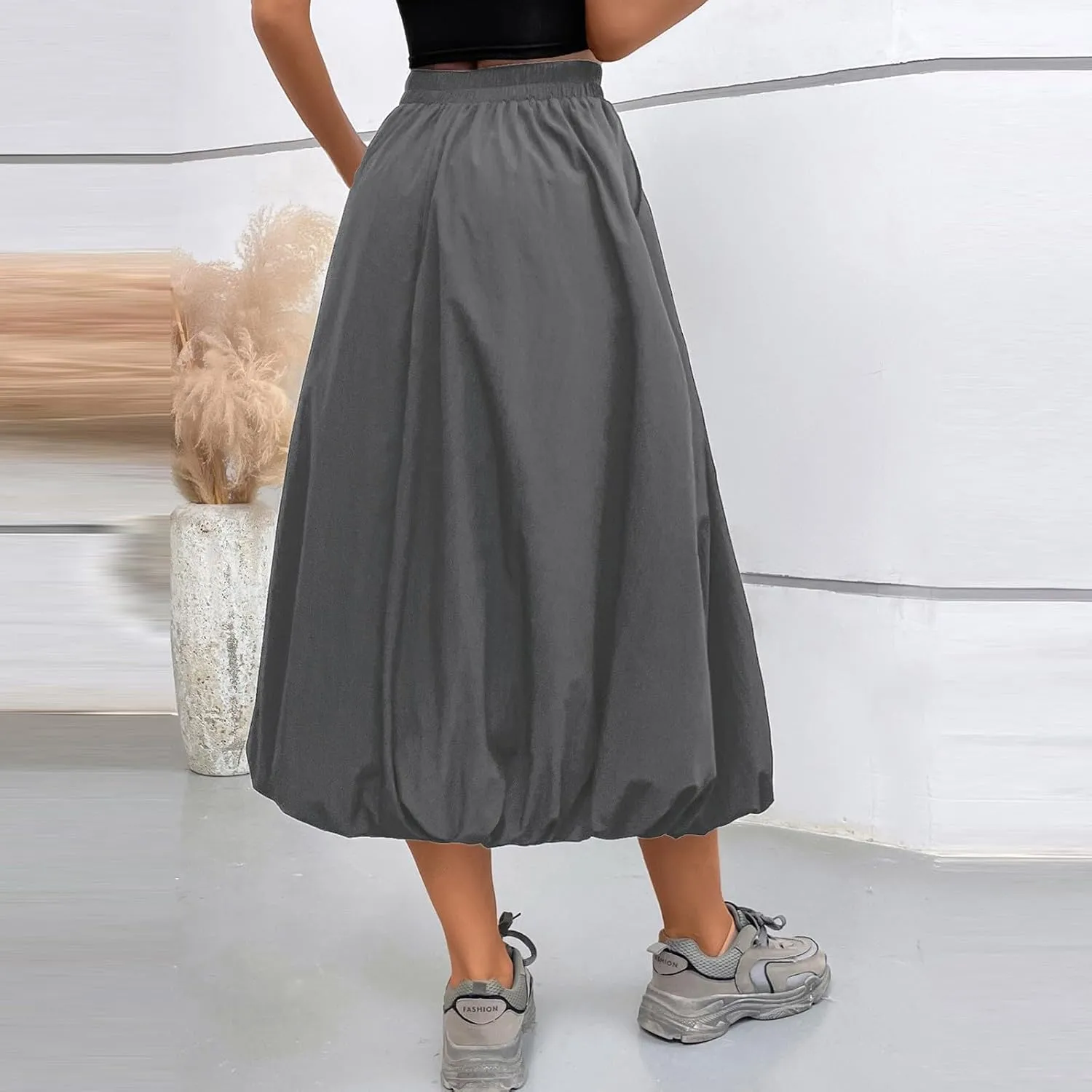 Bubble Midi Skirts for Women Elastic High Waisted Pleated Flowy Y2k Flower Pod Puffy Skirt with Pockets