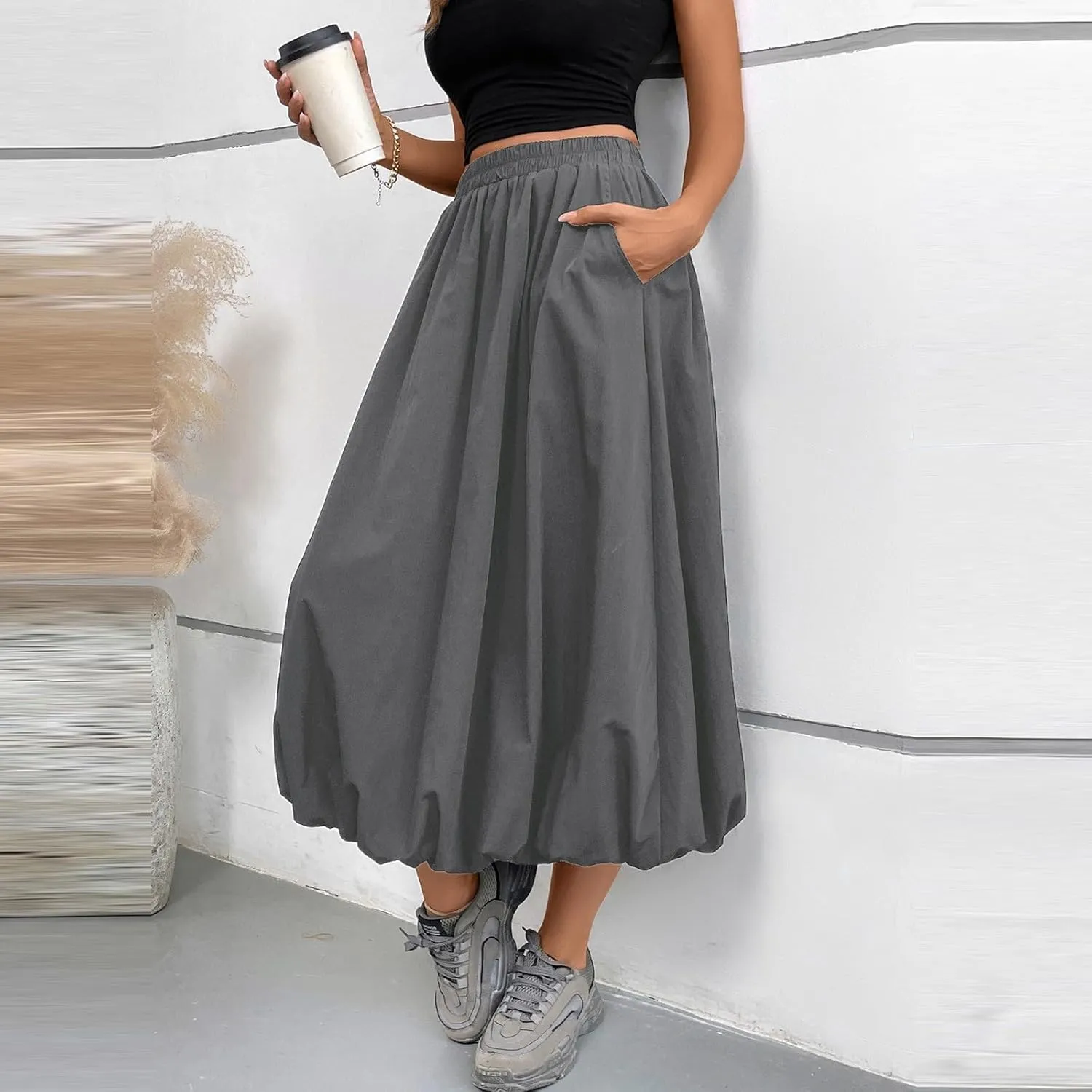 Bubble Midi Skirts for Women Elastic High Waisted Pleated Flowy Y2k Flower Pod Puffy Skirt with Pockets