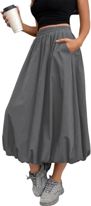 Bubble Midi Skirts for Women Elastic High Waisted Pleated Flowy Y2k Flower Pod Puffy Skirt with Pockets