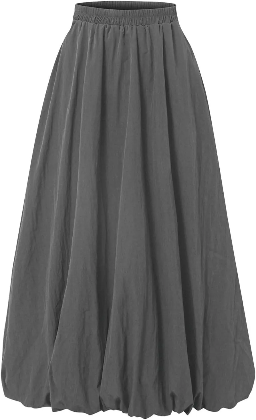 Bubble Midi Skirts for Women Elastic High Waisted Pleated Flowy Y2k Flower Pod Puffy Skirt with Pockets