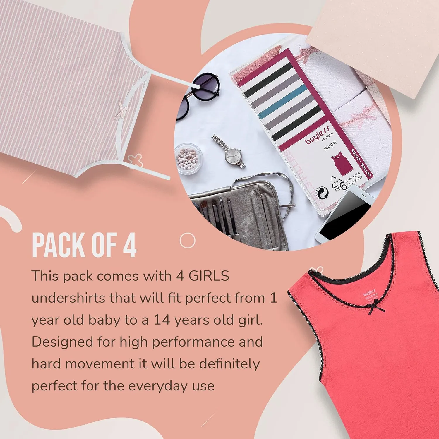 Buyless Fashion Tank Tops for Girls- Sleeveless Cami Tanks Cotton Undershirts for Dance Gymnastics Kids Toddler Size (4 Pack)