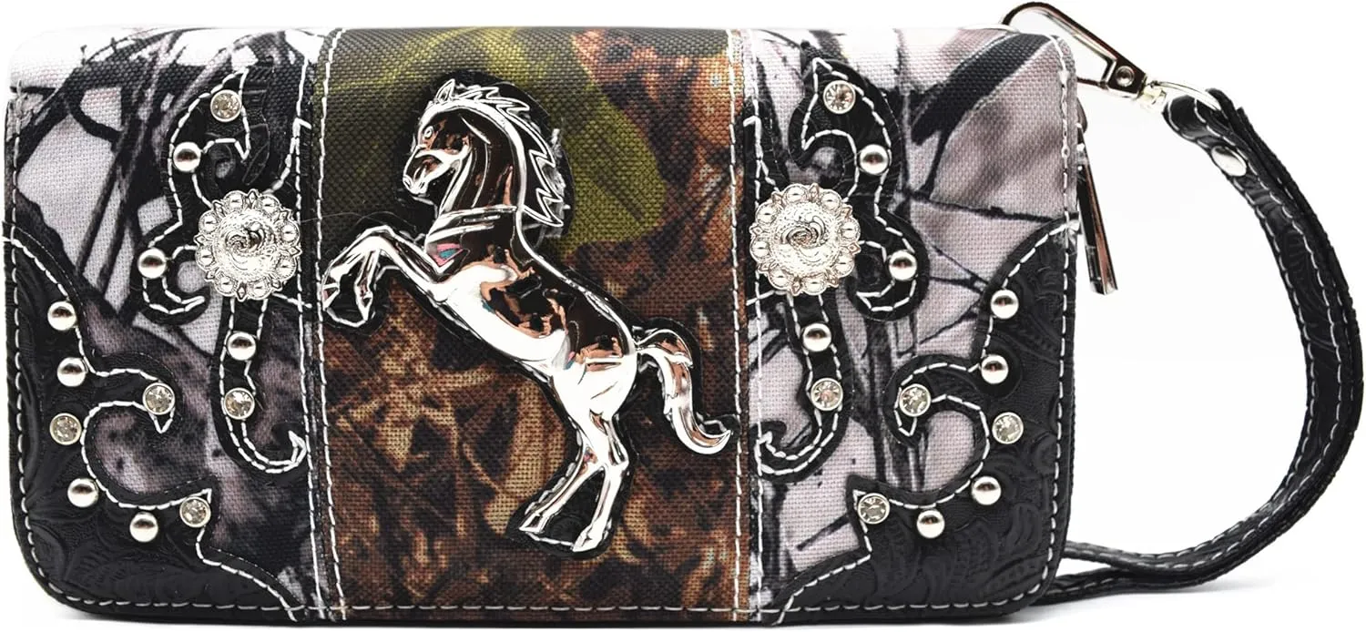 Camouflage Western Style Totes Studded Floral Handbag Tooled Leather Purse Country Women Shoulder Bag Zipper Wallet Set
