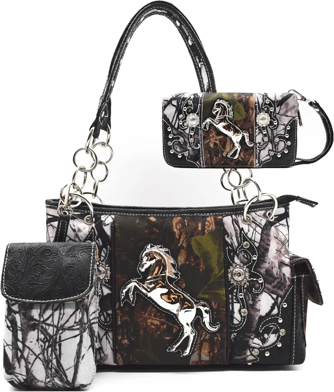 Camouflage Western Style Totes Studded Floral Handbag Tooled Leather Purse Country Women Shoulder Bag Zipper Wallet Set