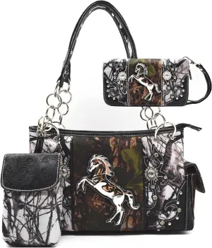 Camouflage Western Style Totes Studded Floral Handbag Tooled Leather Purse Country Women Shoulder Bag Zipper Wallet Set
