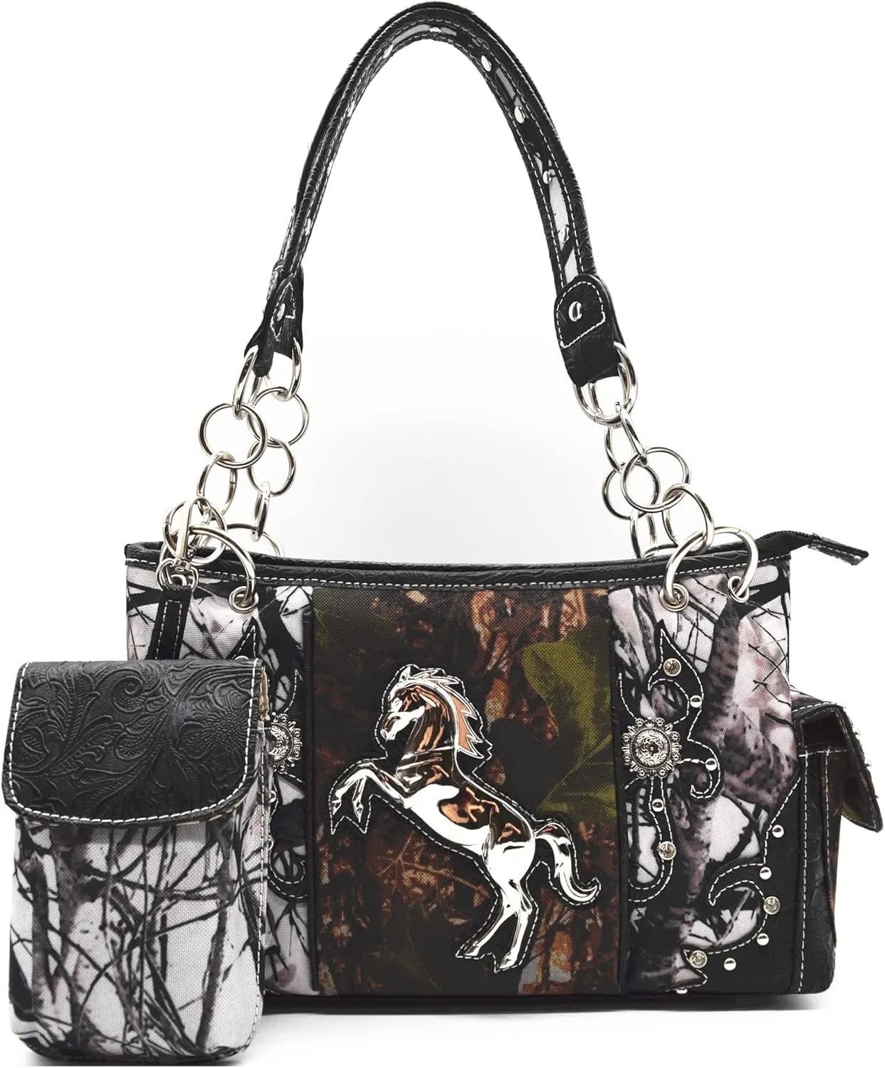 Camouflage Western Style Totes Studded Floral Handbag Tooled Leather Purse Country Women Shoulder Bag Zipper Wallet Set