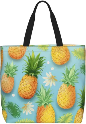 Canvas Tote Bag for Women Shoulder Tote Purse Reusable Grocery Bag Pineapple on light blue background Aesthetic Shopping Bags
