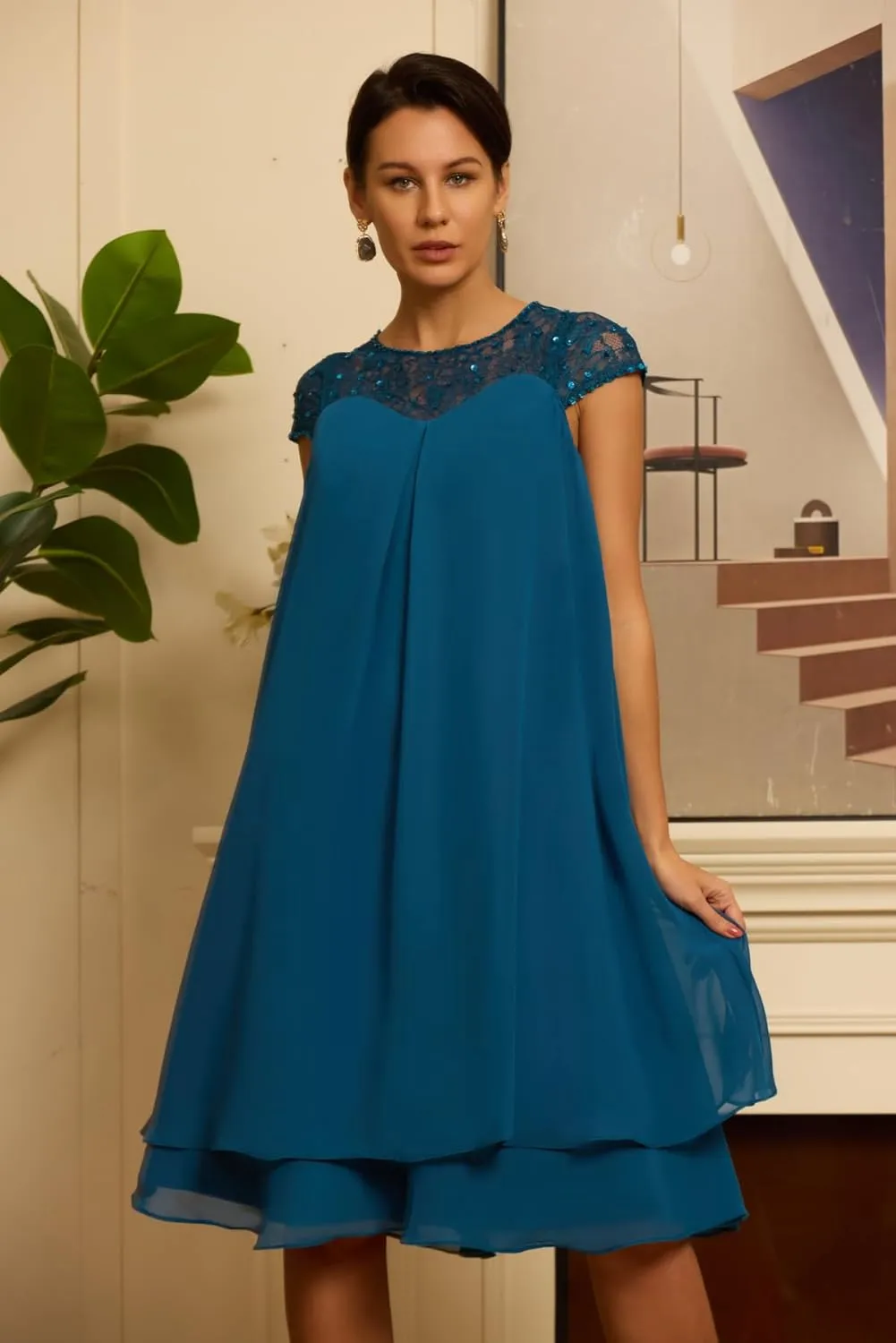 Cap Sleeves Chiffon Mother of The Bride Dresses for Women Scoop Neck Laces Knee Length Wedding Guest Dress