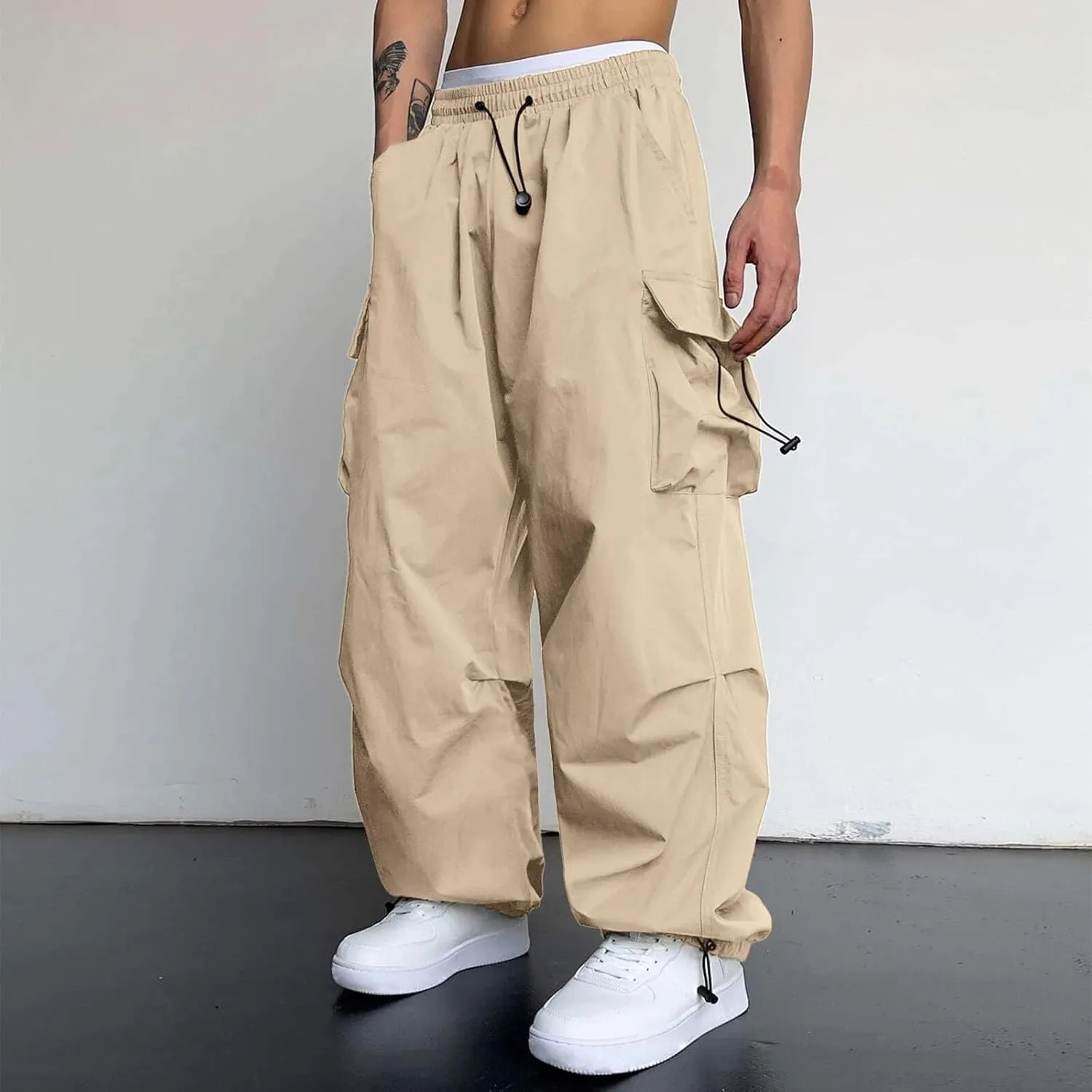 Cargo Pant for Men Casual Work Pant Elastic Waist Drawstring Cotton Track Pants with Multiple Pockets