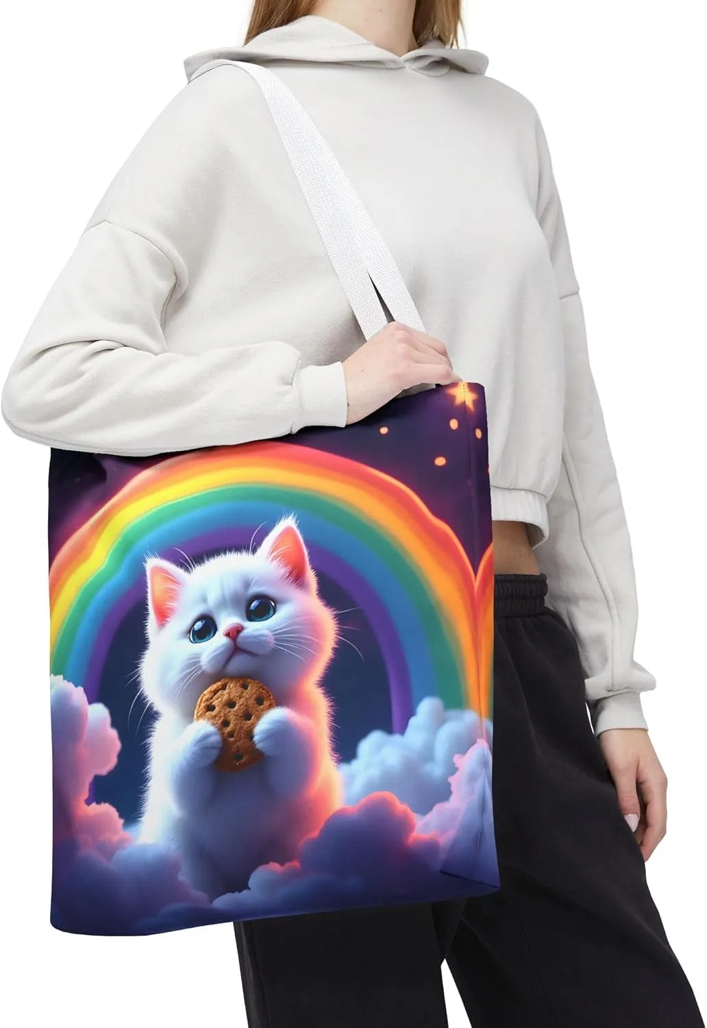 Cat Tote Bag- Rainbow Kitten Beach Bag for Girls, Pretty Cute Colorful Reusable Shopping Bags, Fun Kids Travel Totes