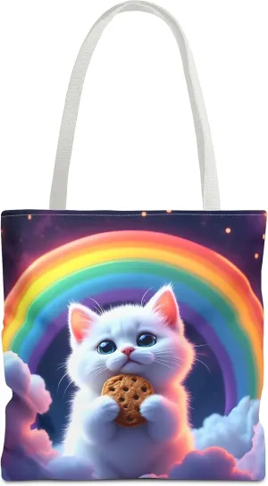 Cat Tote Bag- Rainbow Kitten Beach Bag for Girls, Pretty Cute Colorful Reusable Shopping Bags, Fun Kids Travel Totes