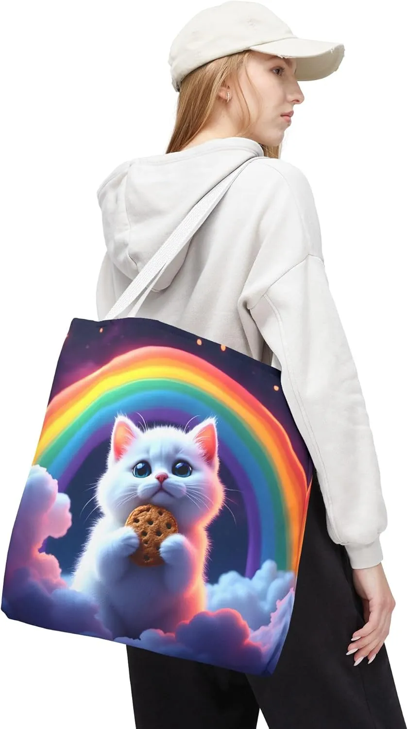 Cat Tote Bag- Rainbow Kitten Beach Bag for Girls, Pretty Cute Colorful Reusable Shopping Bags, Fun Kids Travel Totes