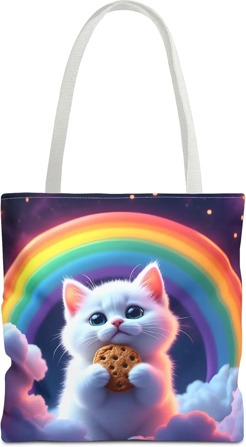 Cat Tote Bag- Rainbow Kitten Beach Bag for Girls, Pretty Cute Colorful Reusable Shopping Bags, Fun Kids Travel Totes