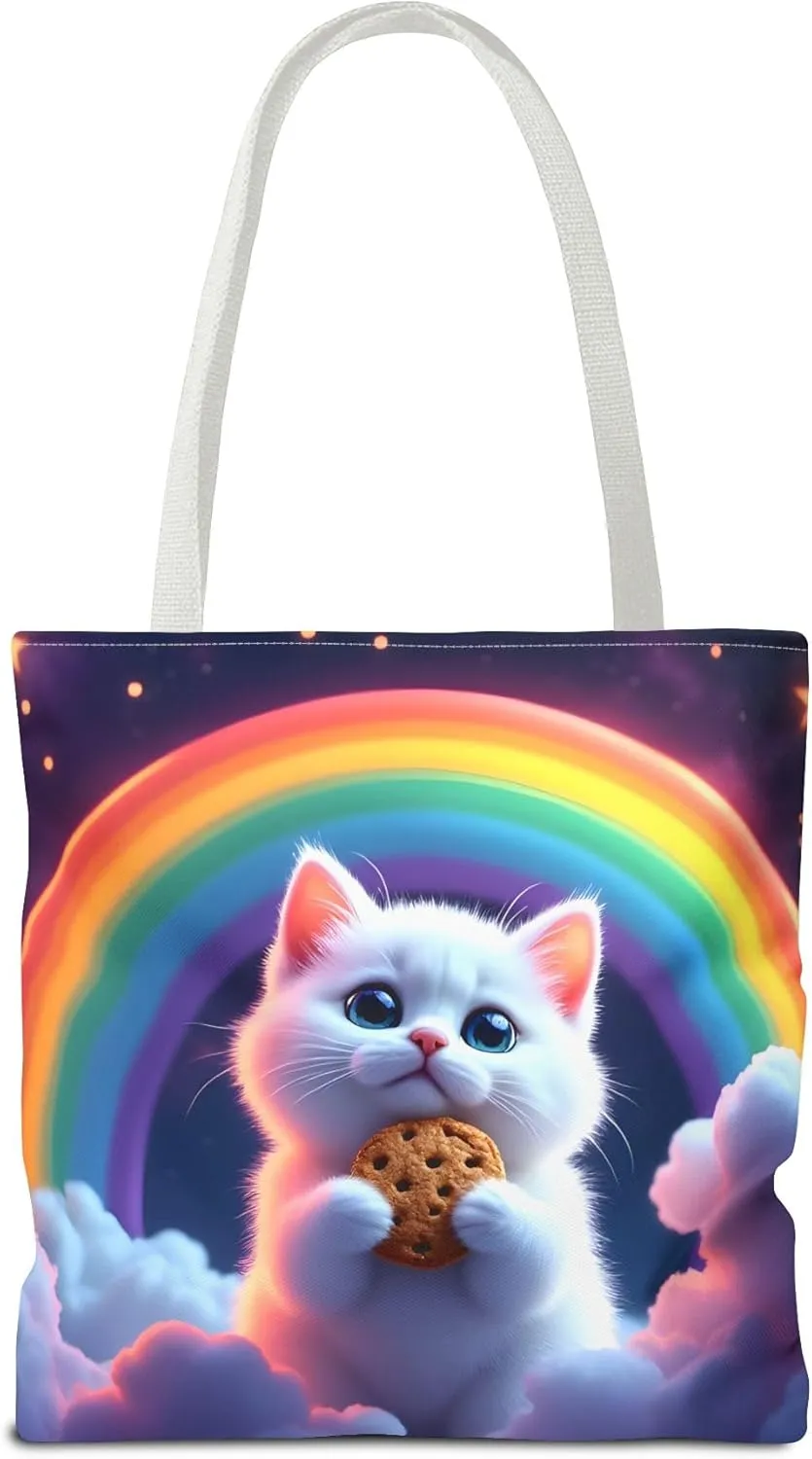 Cat Tote Bag- Rainbow Kitten Beach Bag for Girls, Pretty Cute Colorful Reusable Shopping Bags, Fun Kids Travel Totes