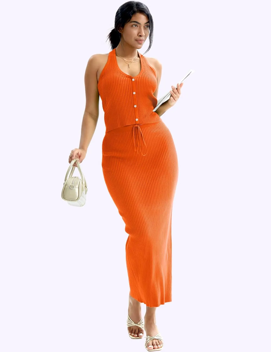 CHERFLY Womens 2 Piece Outfits 2025 Summer Sweater Skirt Sets Halter Top Midi Bodycon Dress