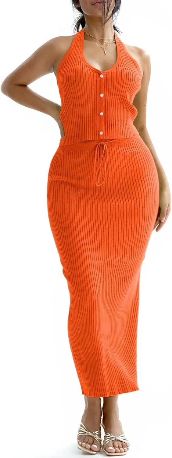 CHERFLY Womens 2 Piece Outfits 2025 Summer Sweater Skirt Sets Halter Top Midi Bodycon Dress