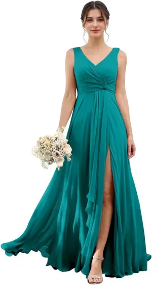 Chiffon Bridesmaid Dresses with Slit V Neck Prom Dresses A Line Ruffles Wedding Guest Dress with Pockets UU175