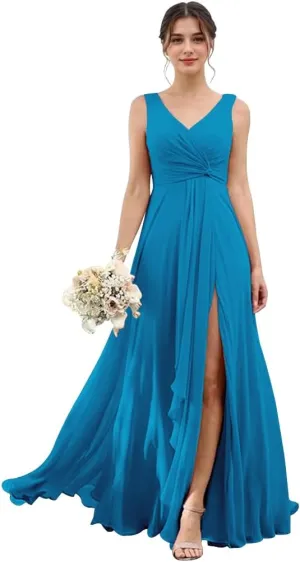 Chiffon Bridesmaid Dresses with Slit V Neck Prom Dresses A Line Ruffles Wedding Guest Dress with Pockets UU175