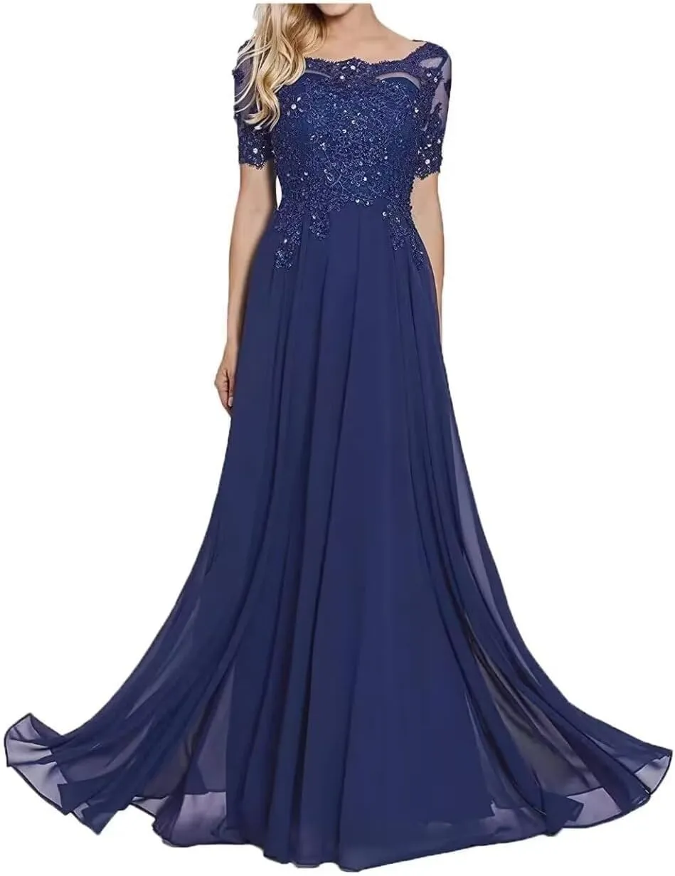 Chiffon Mother of The Bride Dresses for Wedding Lace Applique Beaded Prom Dresses 2024 Long Evening Gowns Sleeve
