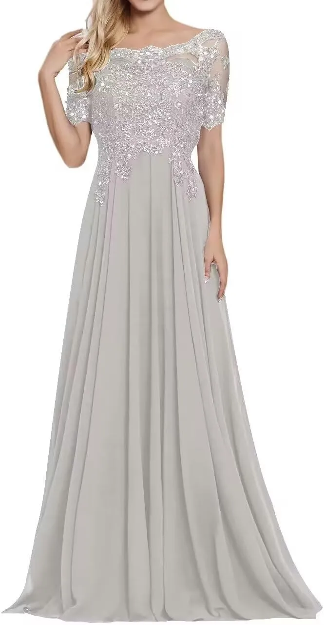 Chiffon Mother of The Bride Dresses for Wedding Lace Applique Beaded Prom Dresses 2024 Long Evening Gowns Sleeve