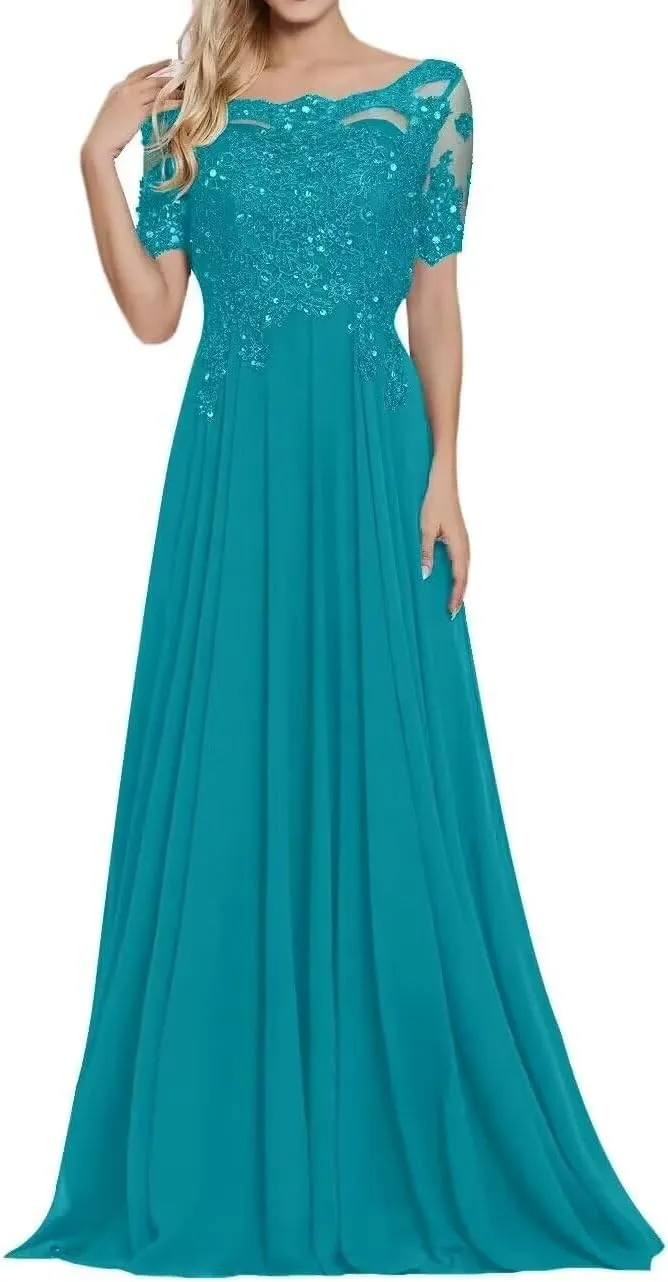 Chiffon Mother of The Bride Dresses for Wedding Lace Applique Beaded Prom Dresses 2024 Long Evening Gowns Sleeve