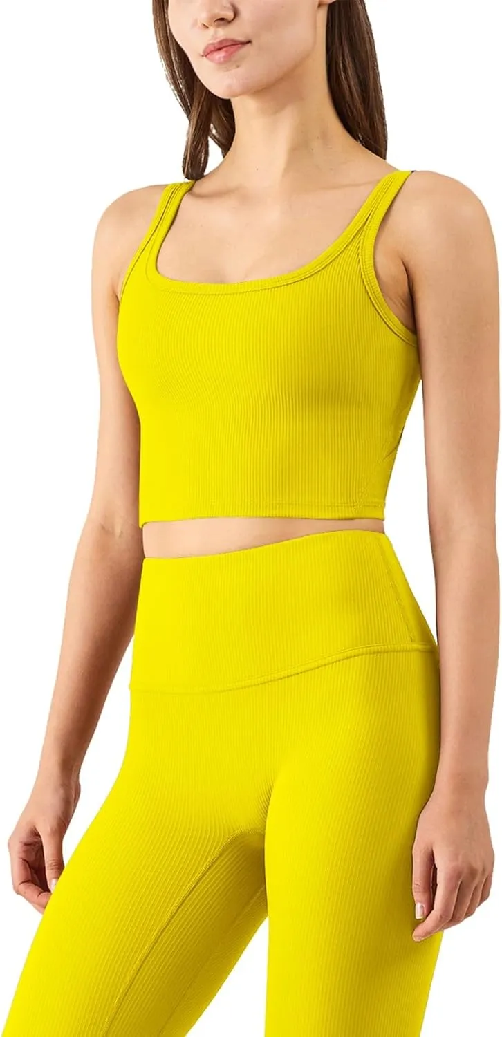 Chilylori Women's Seamless Sports Bra Workout Crop Top Ribbed Padded Longline Wirefree Medium Support Tank Tops Fitness