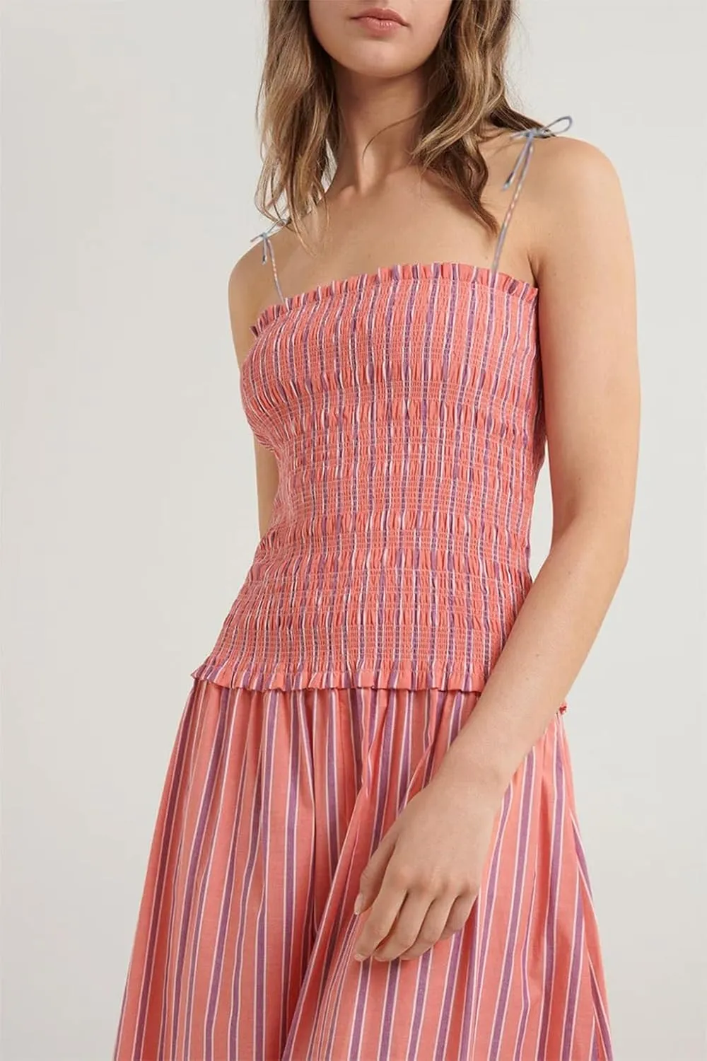 chouyatou Women's Cute Spaghetti Strap Bowknot Smocked Dress Striped Boho Ruffle Beach Midi Sundress