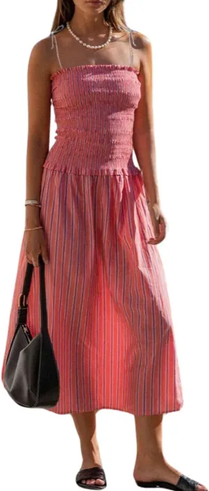 chouyatou Women's Cute Spaghetti Strap Bowknot Smocked Dress Striped Boho Ruffle Beach Midi Sundress