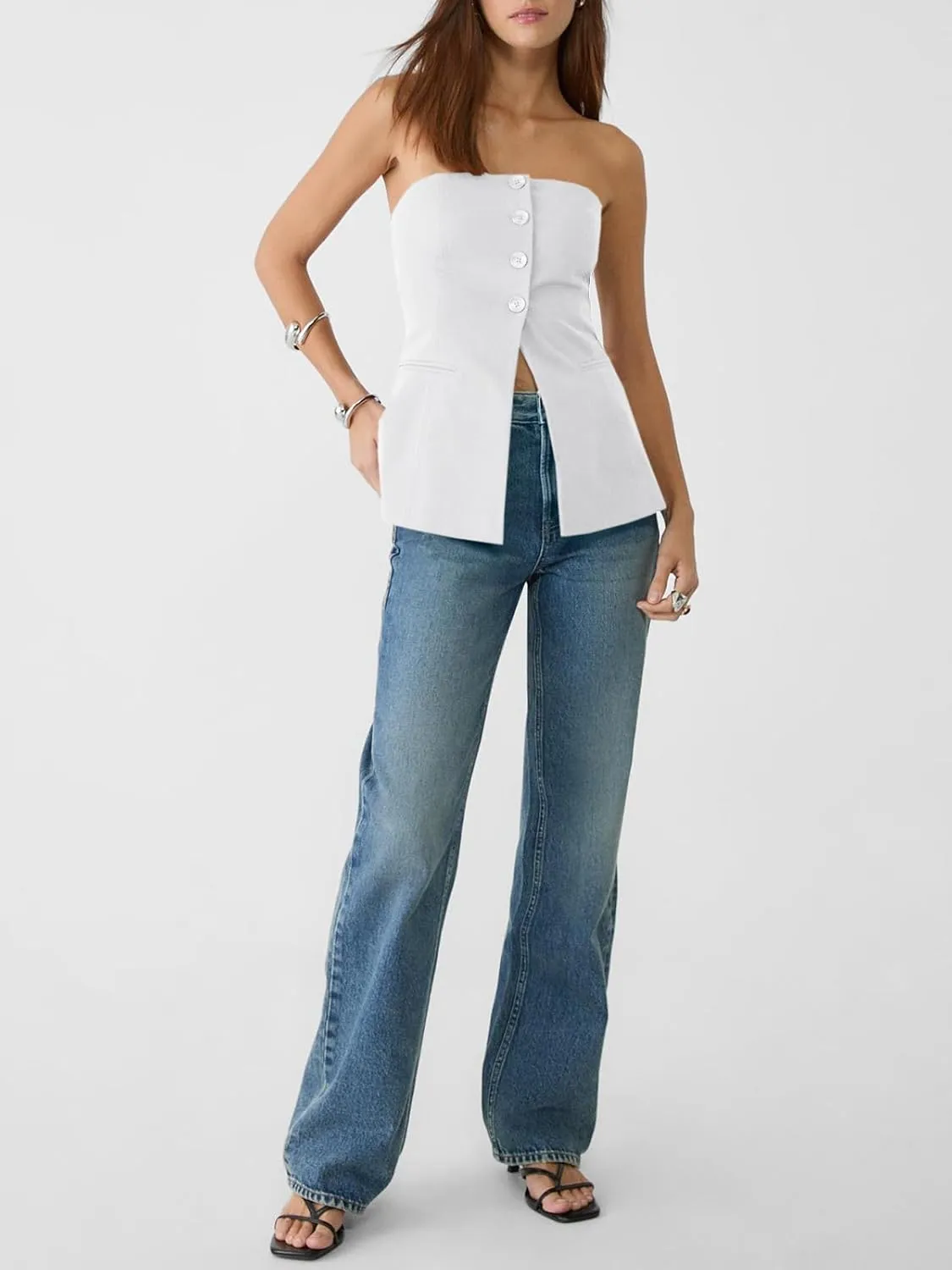 Cicy Bell Womens Strapless Blazer Vest Summer Sleeveless Fitted Tube Tops Trendy Button Down Work Suit Tops