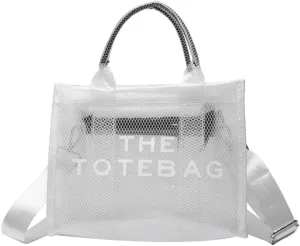 Clear Tote Bags Casual Pvc Crossbody for Women Mesh Totes Bag Travel Tote with Zipper for Beach Vacation (White)