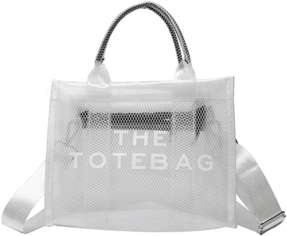 Clear Tote Bags Casual Pvc Crossbody for Women Mesh Totes Bag Travel Tote with Zipper for Beach Vacation (White)