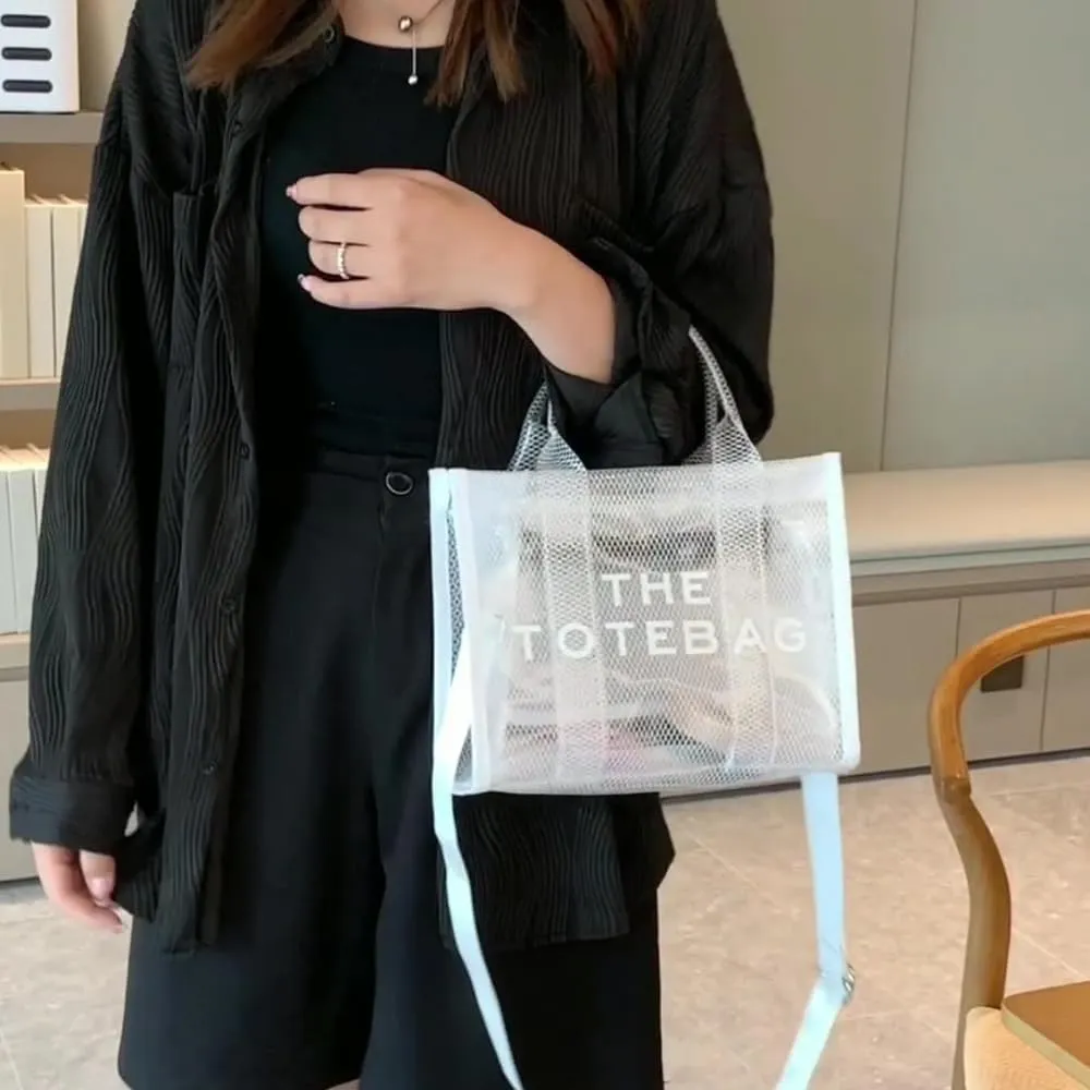 Clear Tote Bags Casual Pvc Crossbody for Women Mesh Totes Bag Travel Tote with Zipper for Beach Vacation (White)