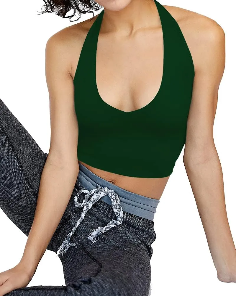 CLOZOZ Halter Crop Tops for Women V Neck Cropped Tank Tops Going Out Sleeveless Backless Trendy Top