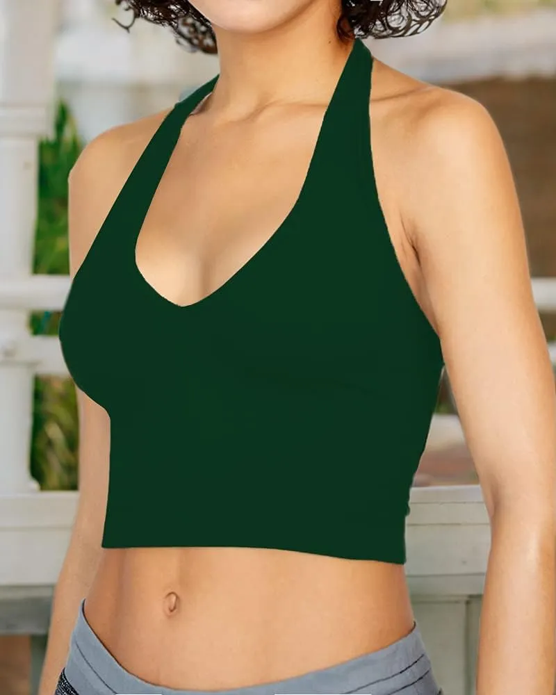 CLOZOZ Halter Crop Tops for Women V Neck Cropped Tank Tops Going Out Sleeveless Backless Trendy Top